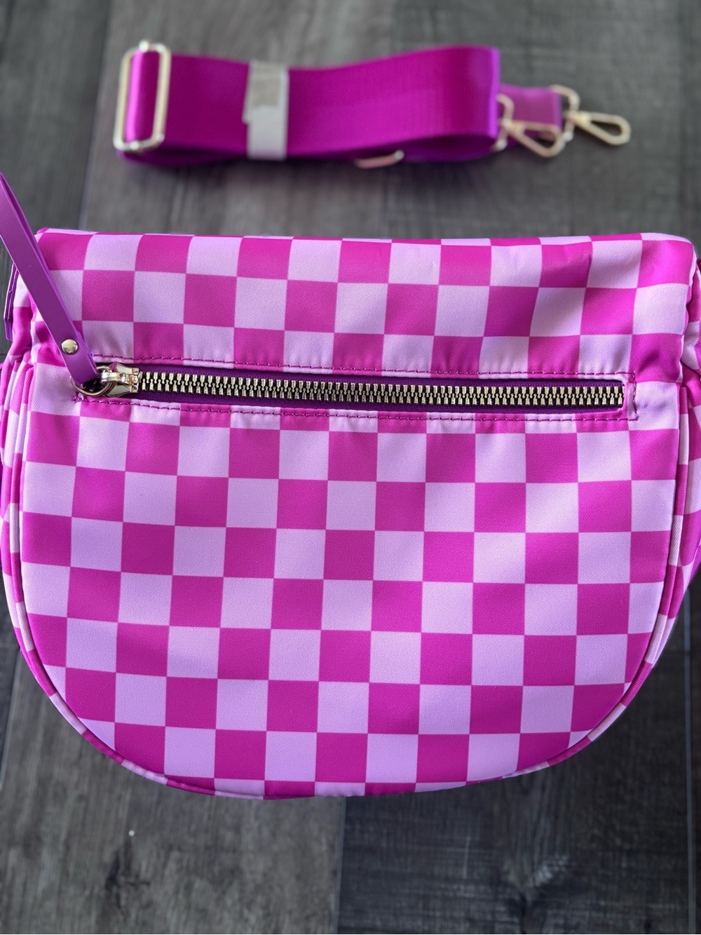 Emmafy Pink Checkerboard Bum Bag with Dual Zips - Picture 3 of 4
